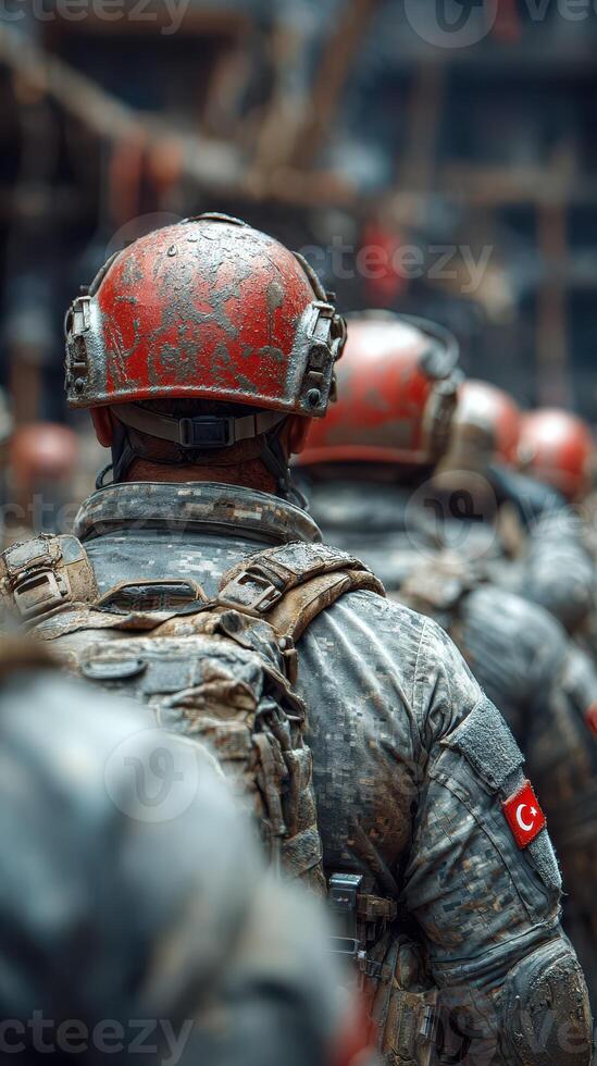 Soldiers in tactical gear prepare for an operation in an urban environment during a cloudy day in Turkey photo