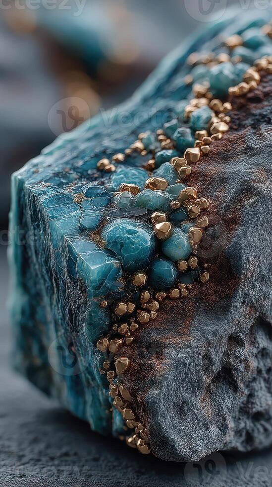 Vivid turquoise mineral specimen showcasing intricate patterns and golden accents in natural setting photo