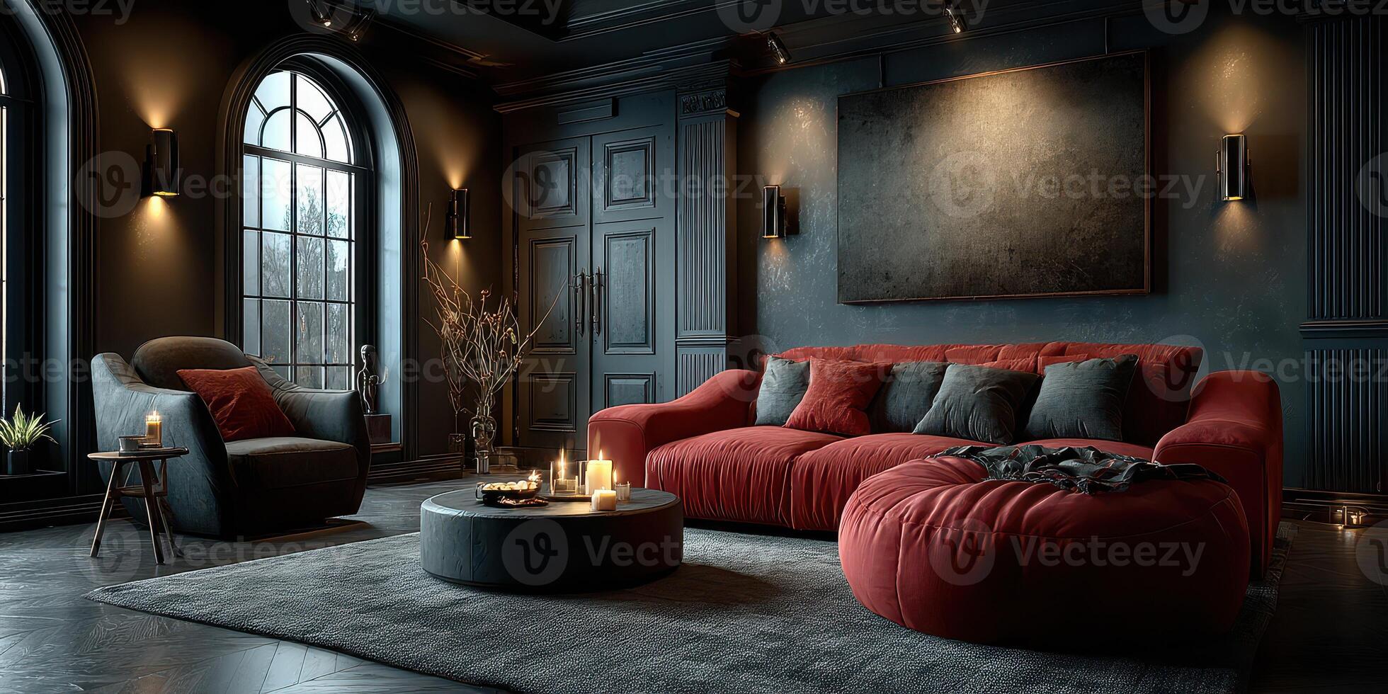 Elegant dark living room with red furniture and ambient lighting showcasing a cozy atmosphere photo