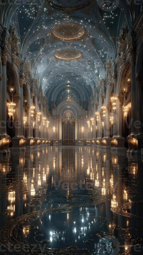 Majestic ballroom illuminated by shimmering chandeliers and intricate architectural details in an opulent setting photo