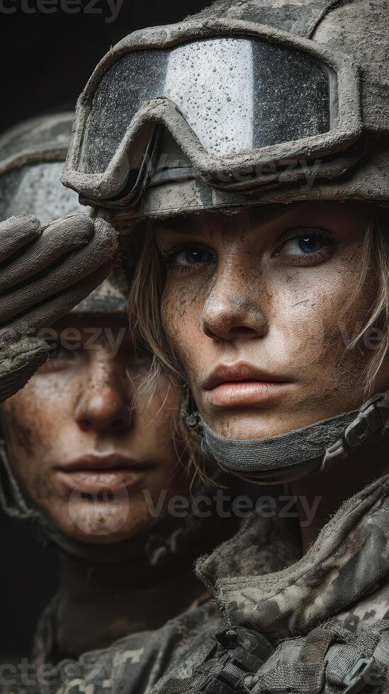 Portrait of two determined female soldiers in combat gear showing pride and resilience during a military operation photo