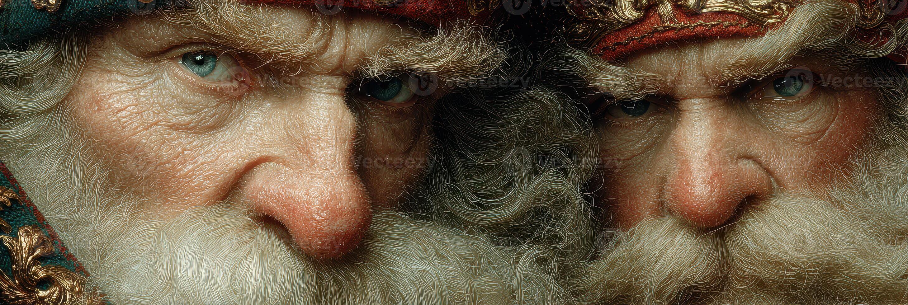 Two elderly men with striking beards and intense expressions during a winter celebration in a festive setting photo