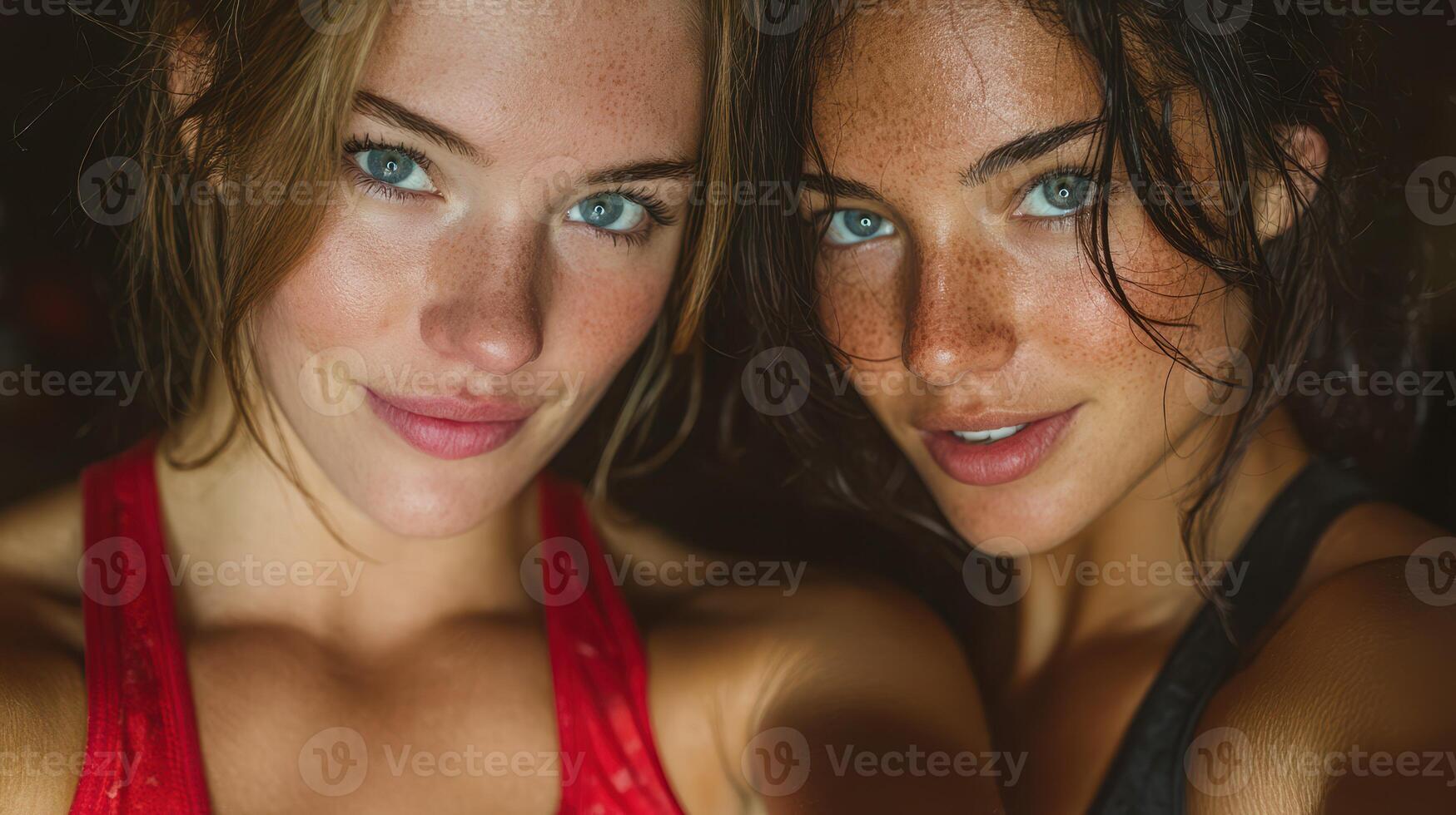Two young women smiling and posing together in sports attire in a dimly lit room during a workout session photo