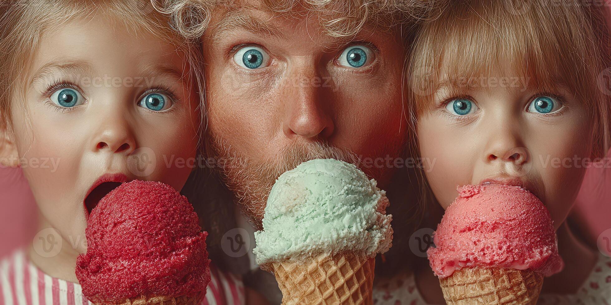 Family enjoying ice cream together in a joyful moment at a summer celebration with colorful ice cream cones photo
