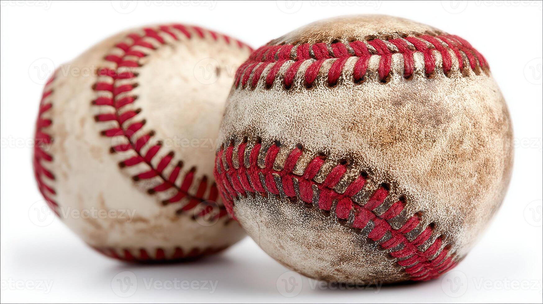 Two worn baseballs showing signs of use on a clean background, perfect for sports enthusiasts and collectors alike photo