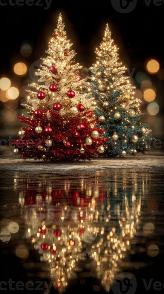 Brightly decorated Christmas trees with shimmering reflections in a festive urban setting at night photo