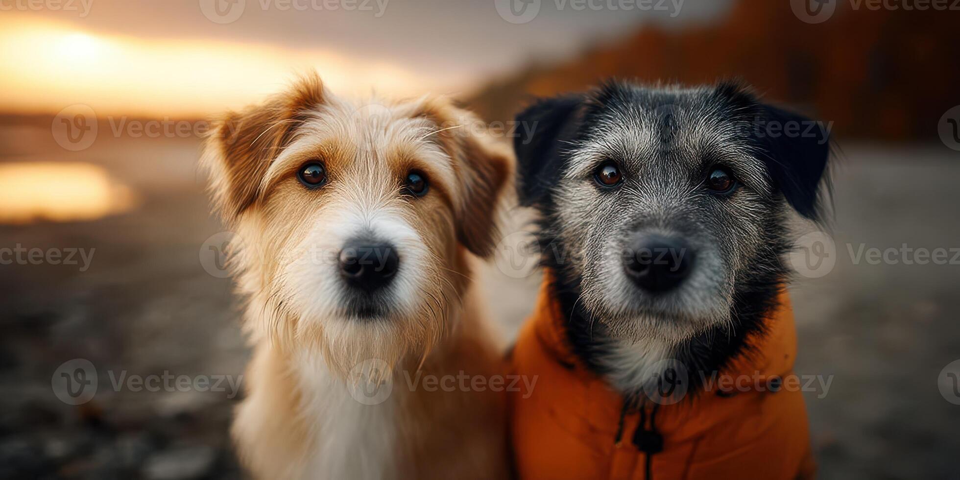 Two adorable dogs enjoying a sunset near the water on a chilly evening in autumn photo