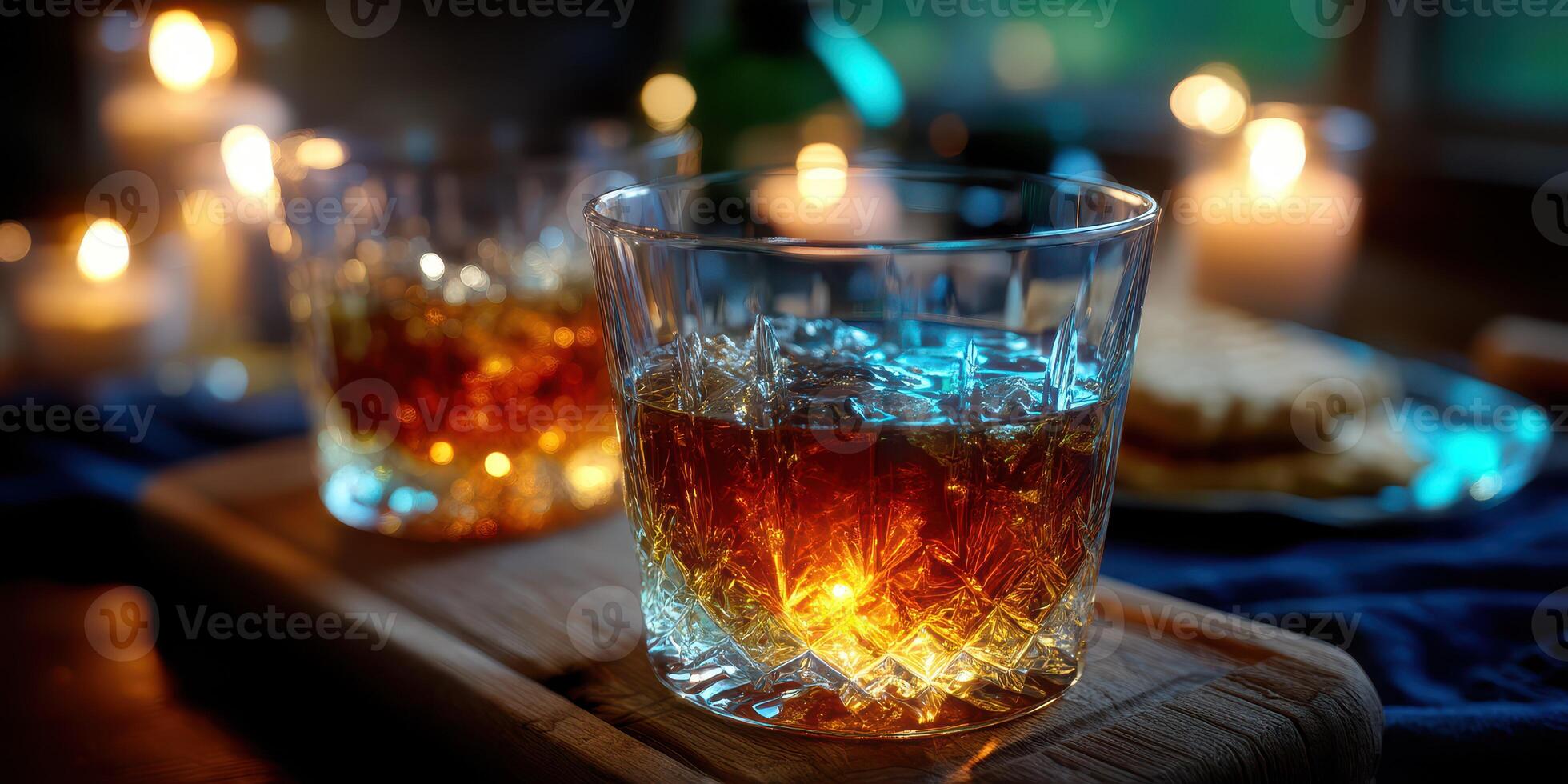 Relaxing evening with whiskey and candles creating a cozy atmosphere at a rustic table photo