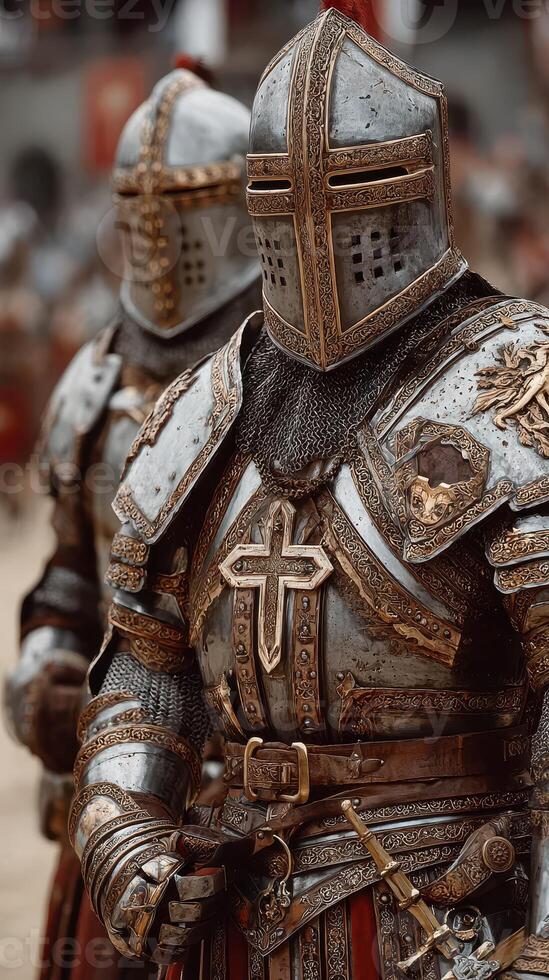 Knights in shining armor preparing for a medieval festival in a historical reenactment event photo