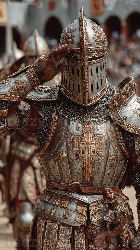Medieval knight saluting during a historic reenactment event in a castle courtyard on a sunny afternoon photo