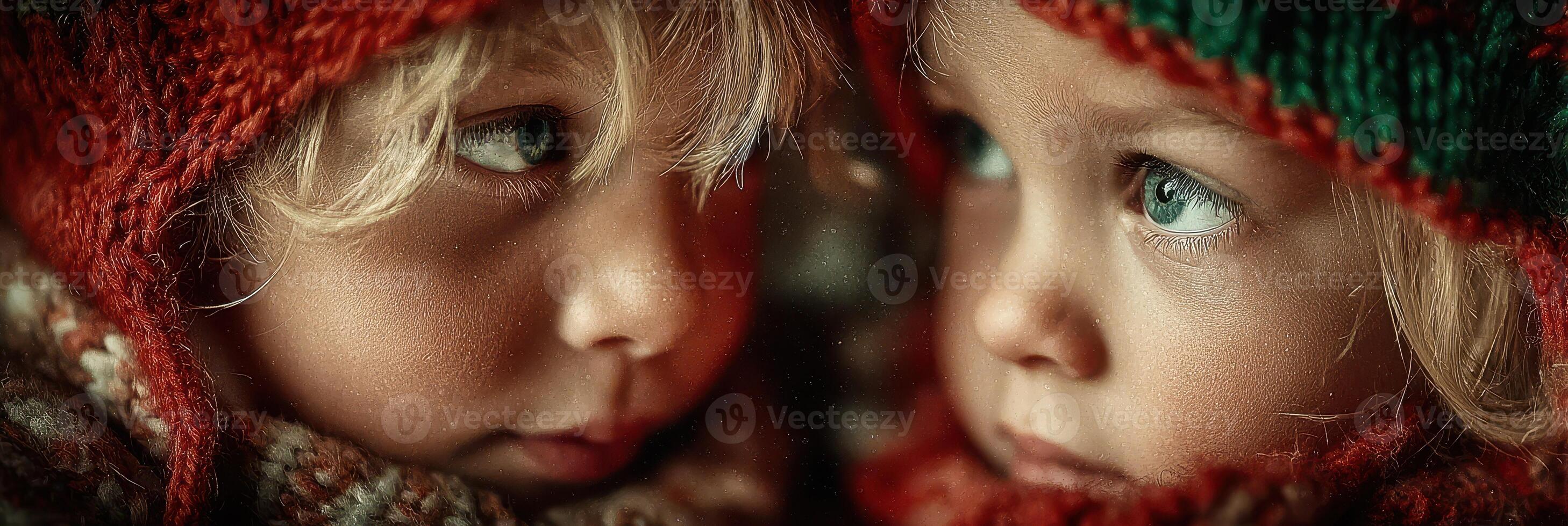 Two children wearing colorful winter hats and scarves share a close gaze, capturing a moment of connection in a cozy setting photo