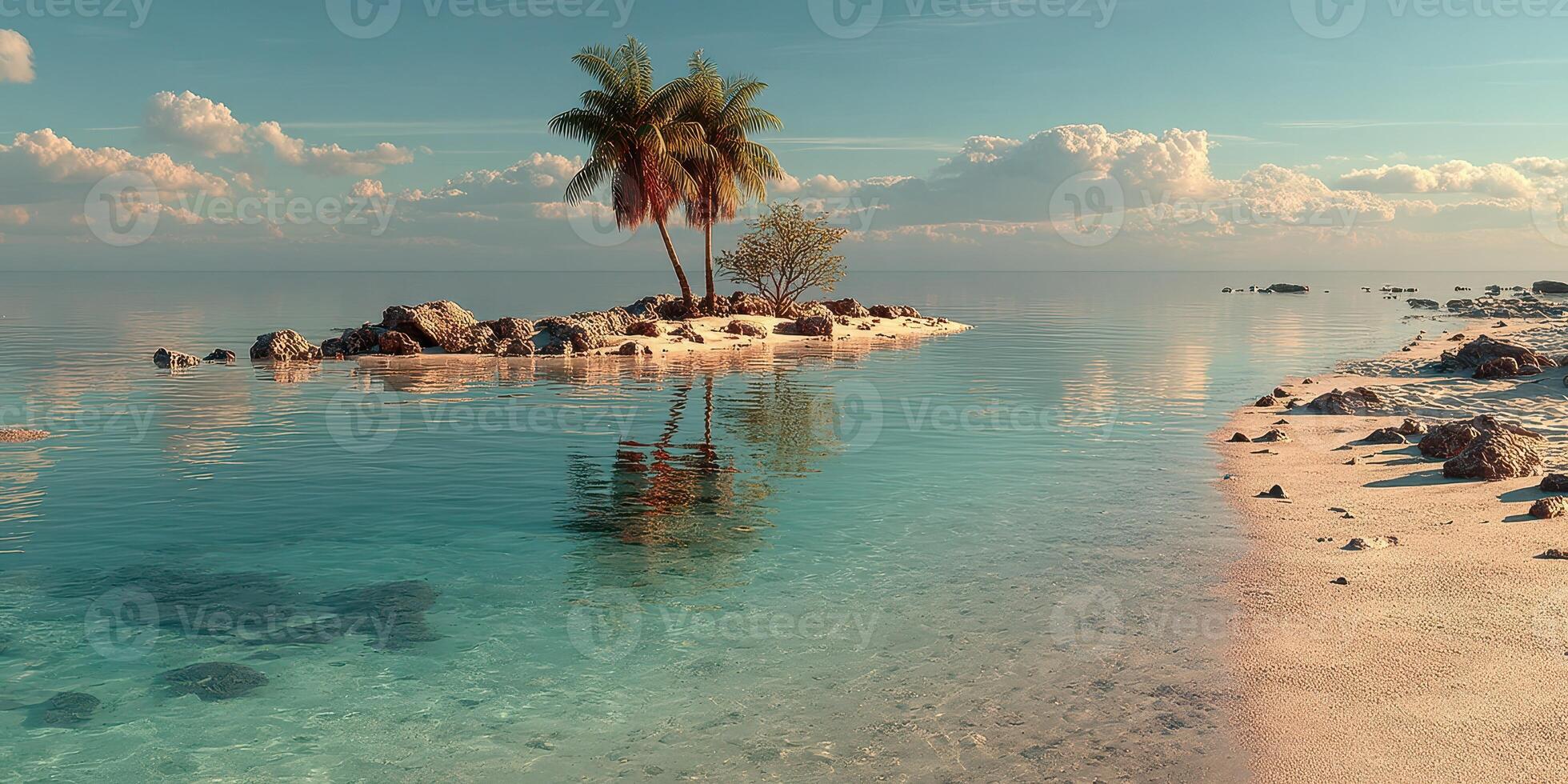 Tranquil tropical island with palm trees reflecting on clear blue water under a bright sky at dawn photo