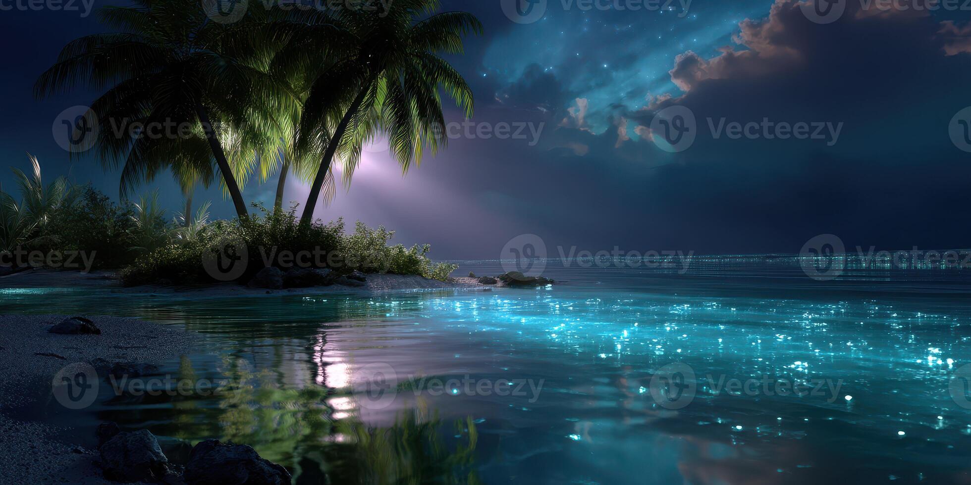 Ocean illuminated by bioluminescent waves under a starlit sky with palm trees at night photo