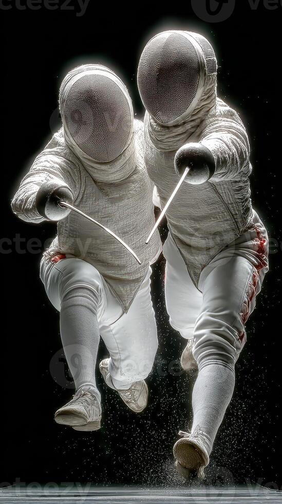 Dynamic duel between two fencers in motion during a competition with a dramatic background photo
