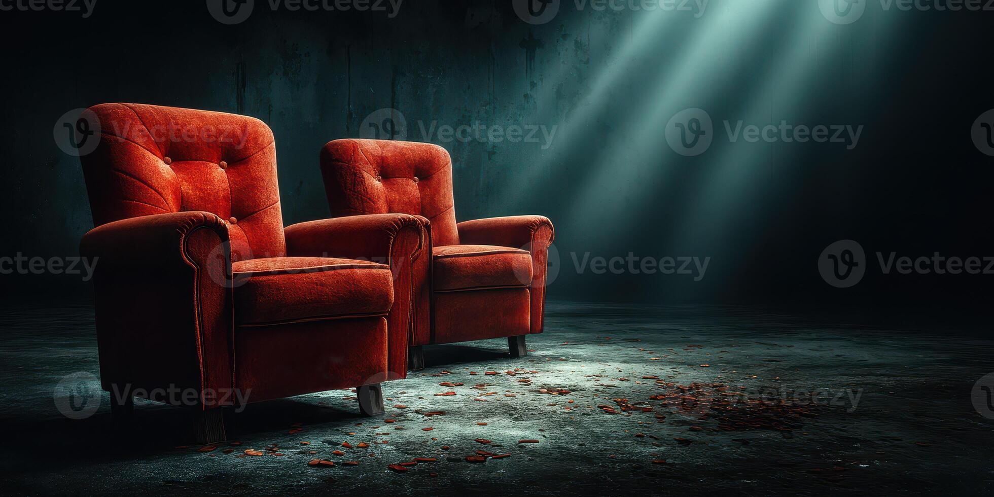 Two red armchairs positioned in a dimly lit room with a mysterious atmosphere and scattered red petals on the floor photo
