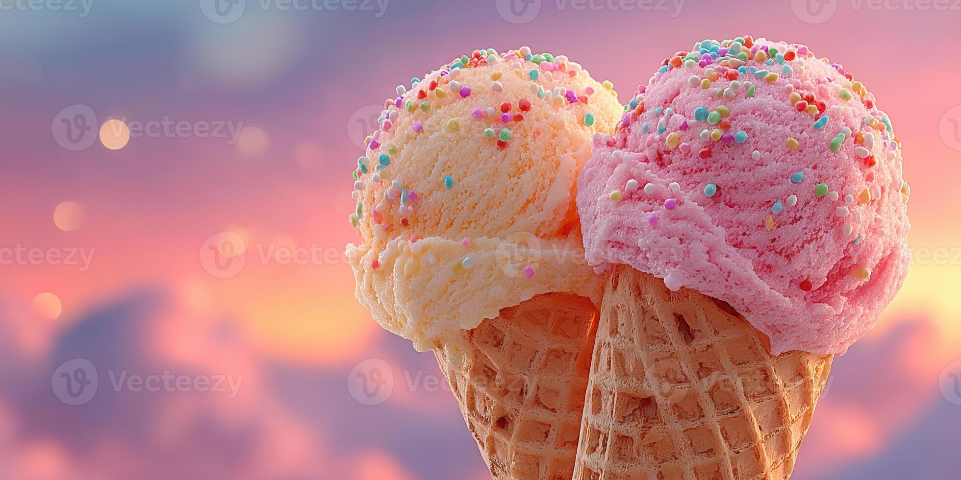 Colorful ice cream cones with sprinkles against a vibrant sunset sky in a warm summer evening setting photo