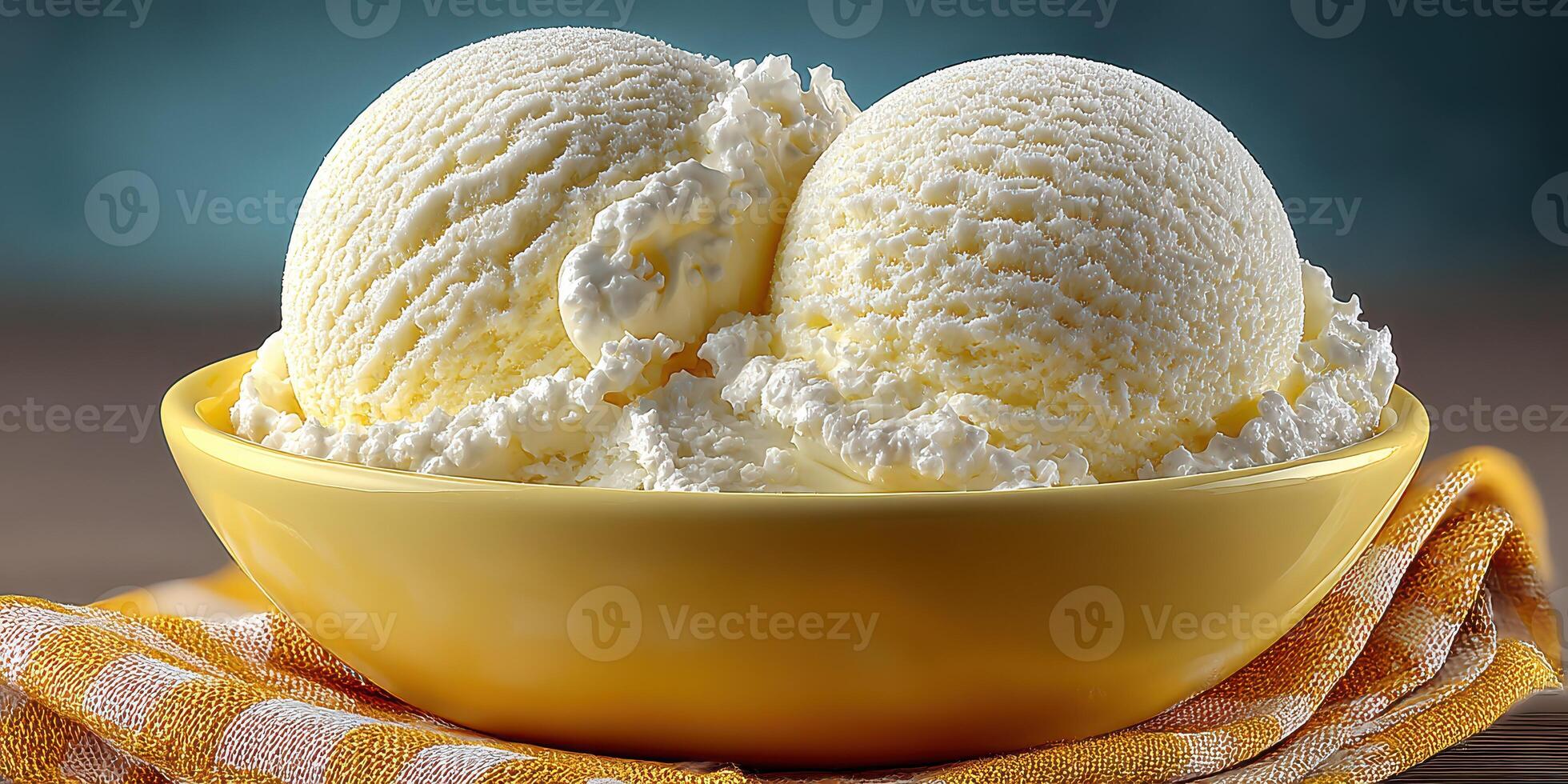 Delicious creamy vanilla ice cream served in a yellow bowl on a checkered cloth background photo
