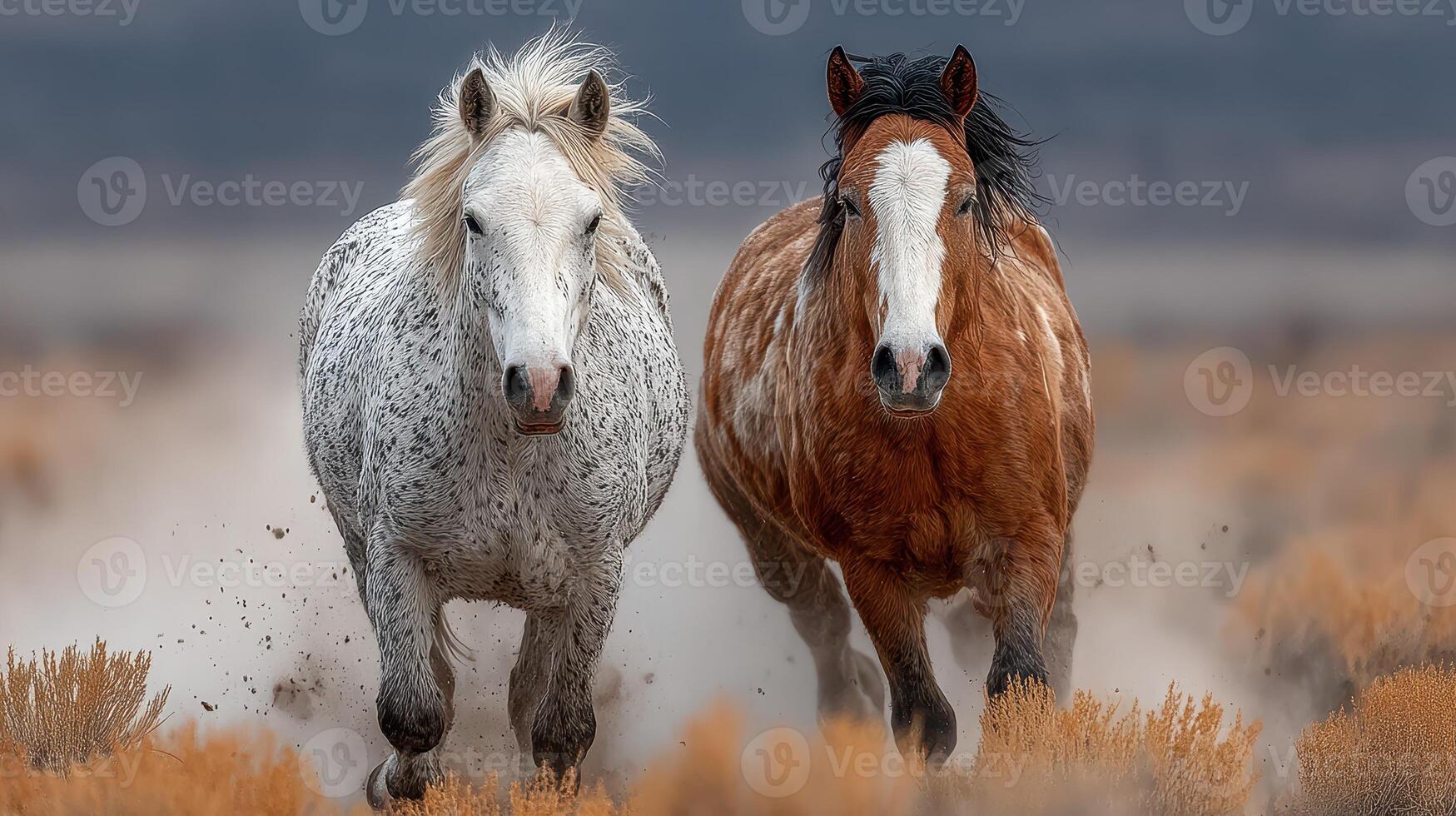 Wild horses sprinting through dusty landscape at sunset in a remote area photo