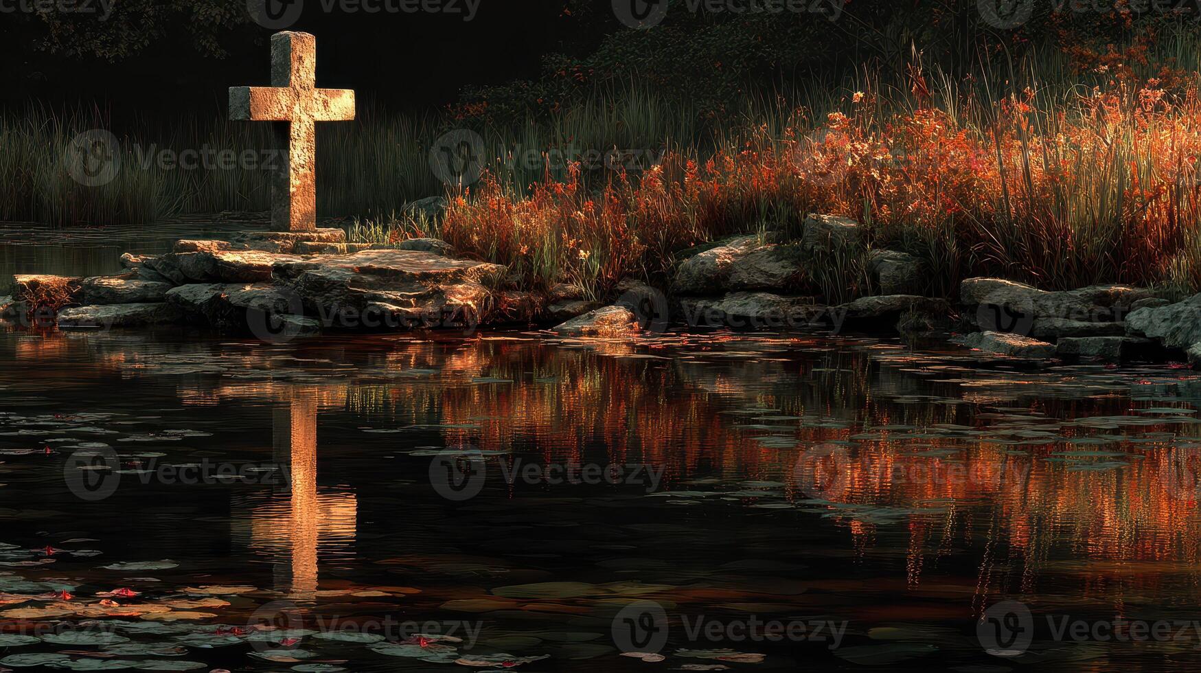 Serene sunset reflection by a stone cross at a peaceful lakeside location surrounded by autumn foliage photo