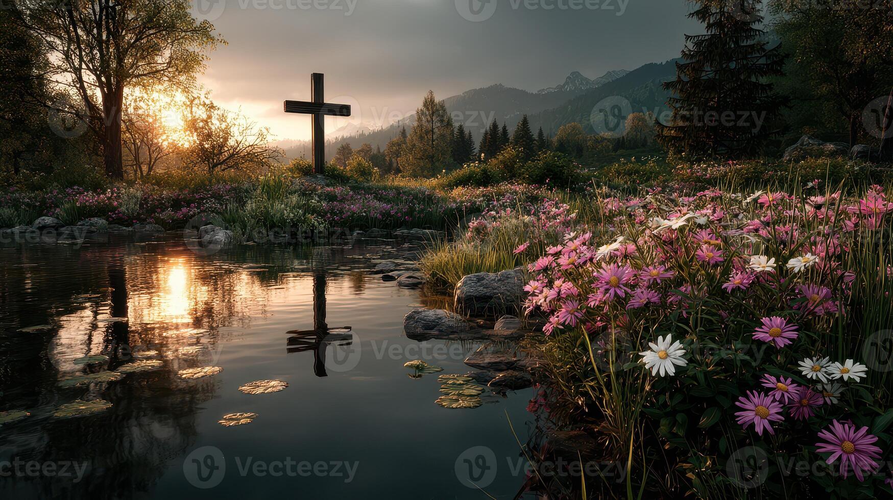 Tranquil sunset by a lake with flowers and a cross in the mountains during early evening photo