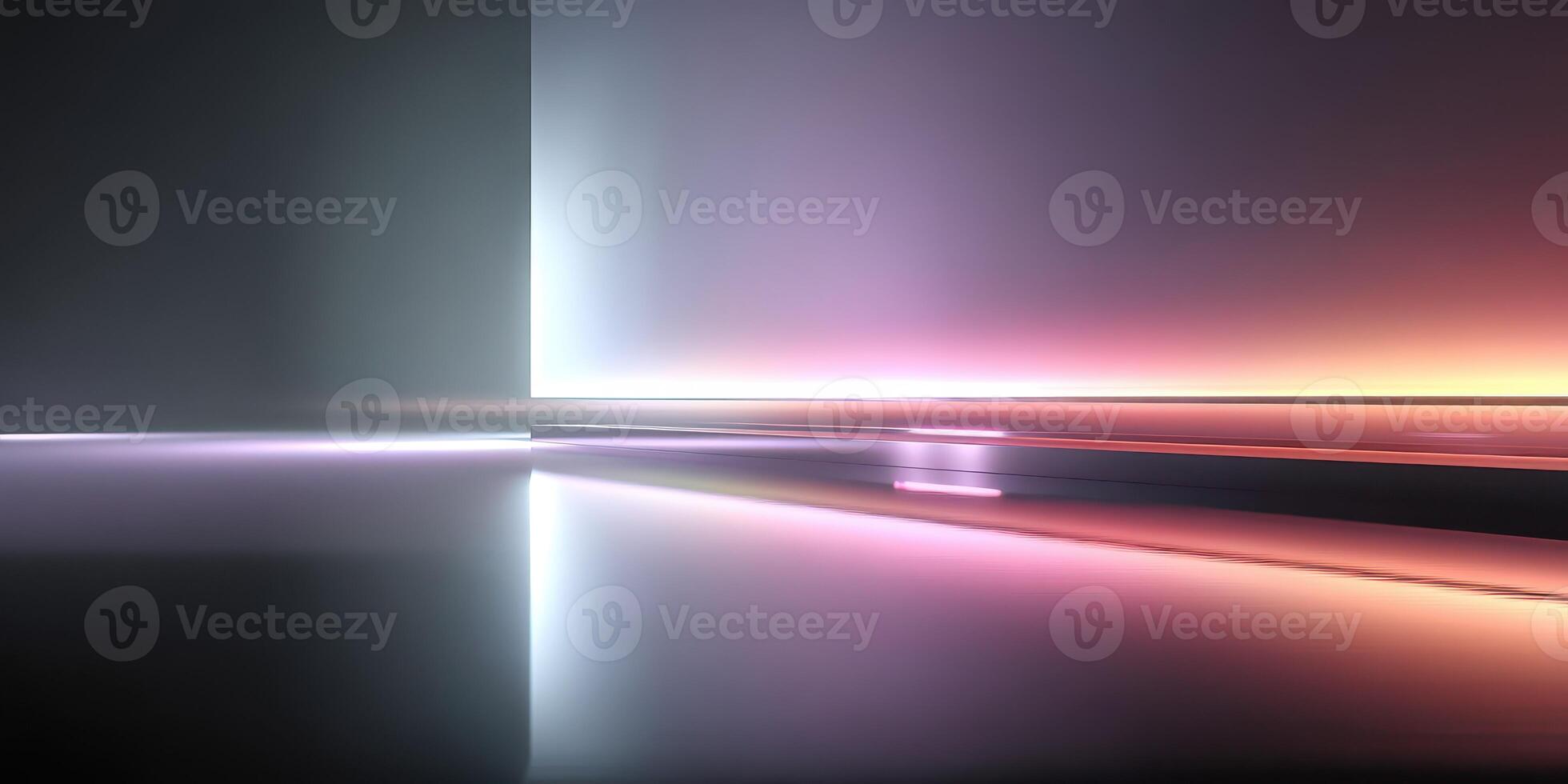 Vibrant abstract light patterns reflecting on a smooth surface in dimly lit space during evening hours photo