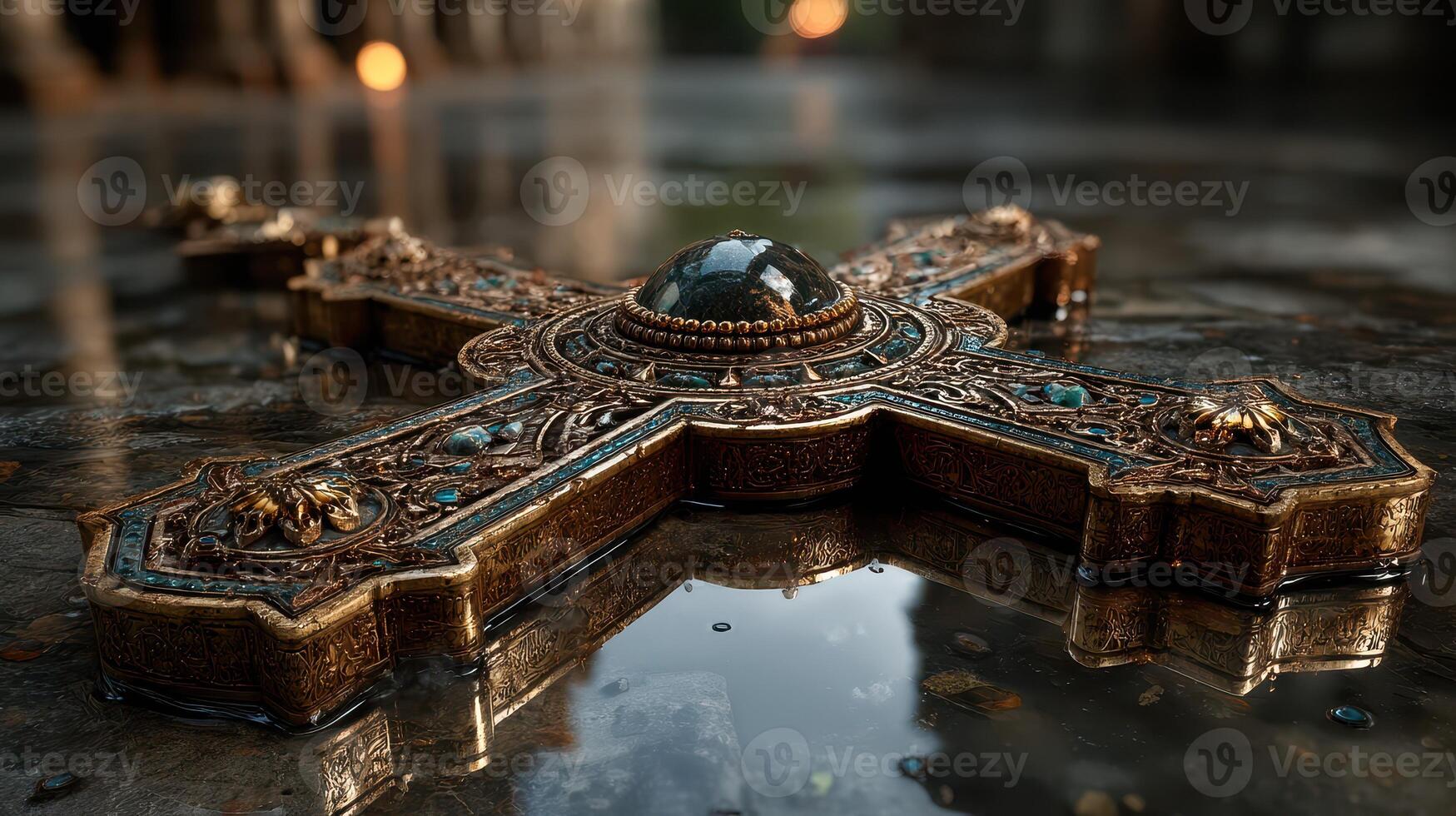 Intricate antique cross resting on a reflective surface in a dimly lit environment surrounded by historical artifacts photo