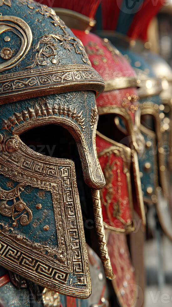Historical replicas of ornate helmets displayed at a cultural event showcasing ancient warrior attire and craftsmanship photo