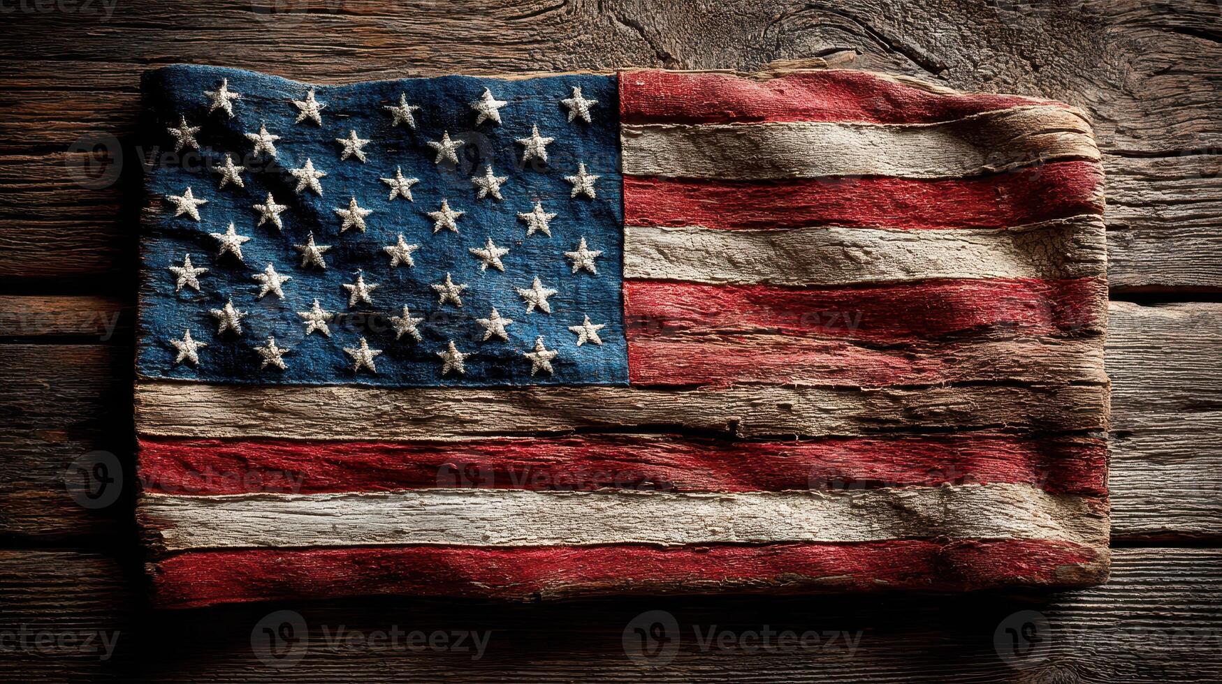 Weathered American flag displayed on rustic wooden surface highlighting its vintage charm and historical significance photo