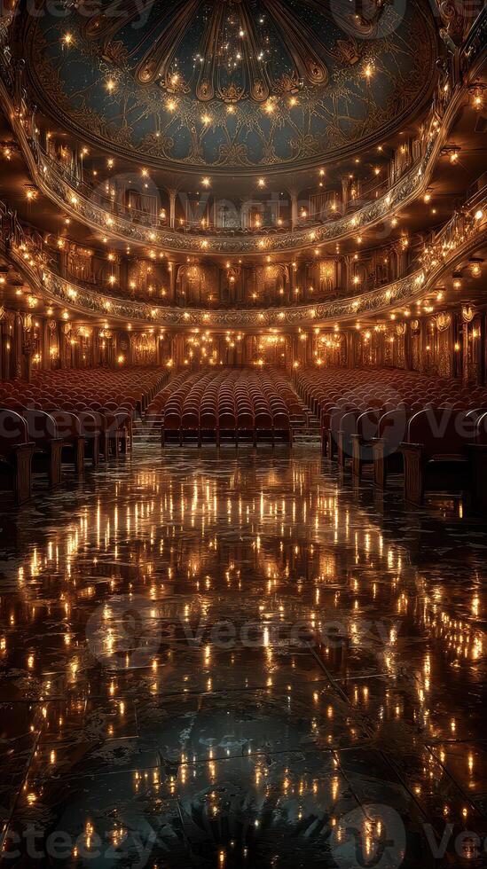 Elegant opera house during evening performance with glowing lights and polished floor photo