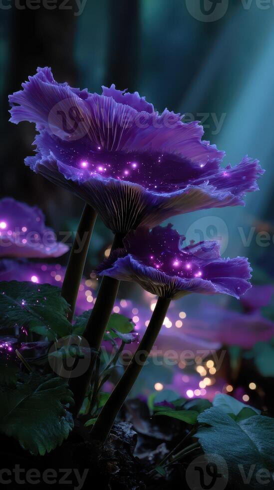 Glowing purple mushrooms with sparkling light in a mystical forest setting during twilight photo