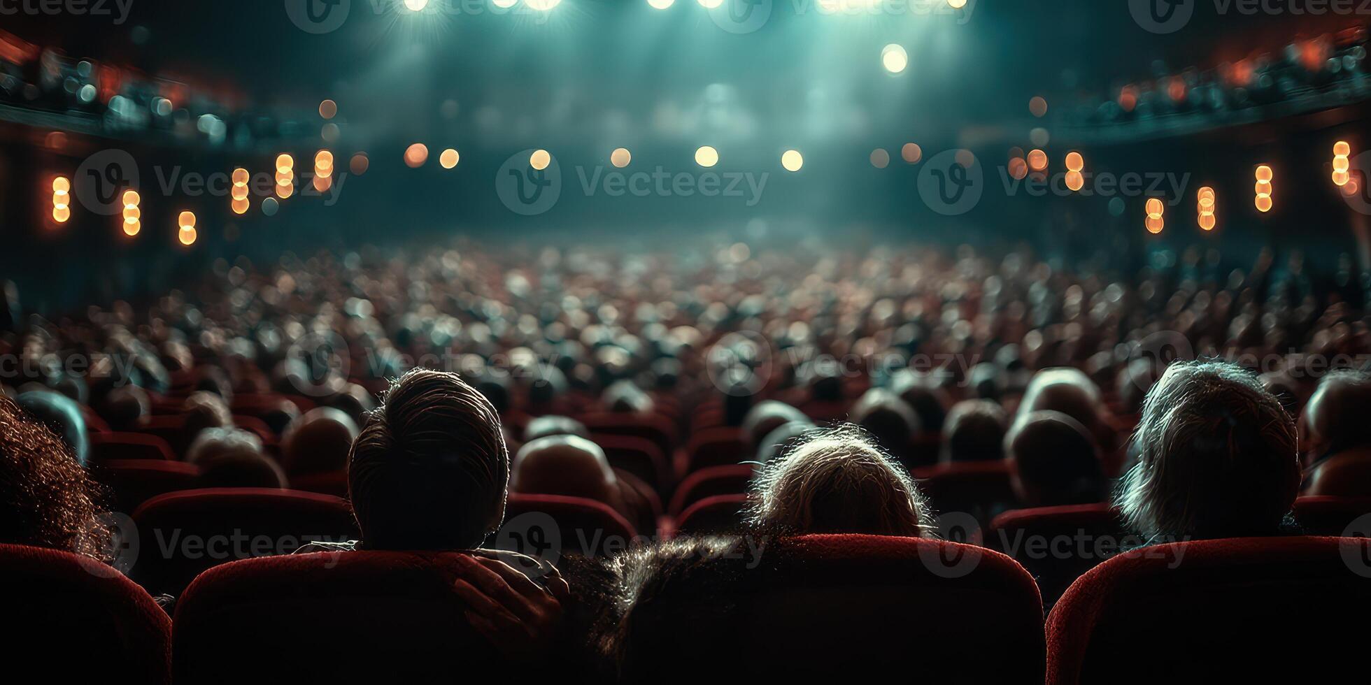 Audience watches a live performance in a theater filled with excitement and anticipation at night photo