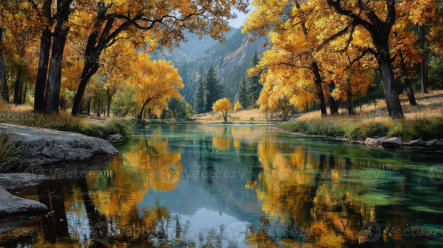 Autumn colors reflect on calm river surrounded by vibrant trees in a serene landscape photo