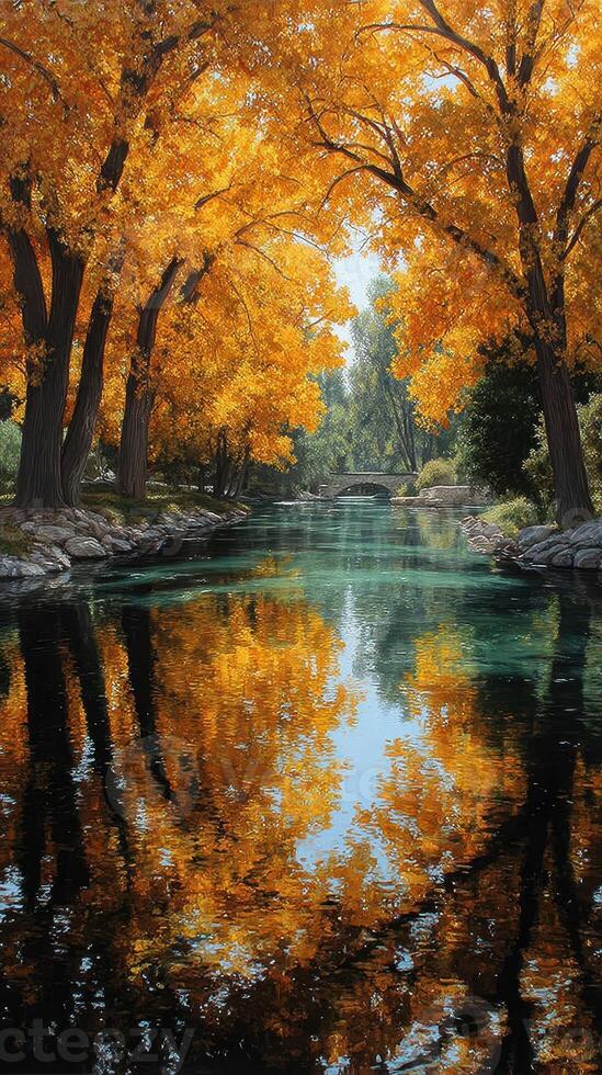 Vibrant autumn colors reflect on a tranquil river surrounded by lush trees and serene nature photo
