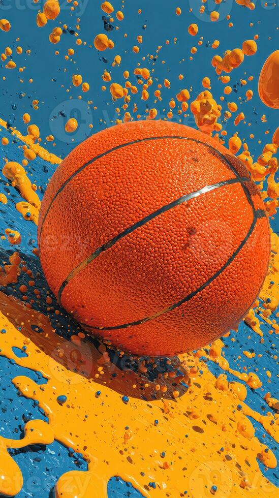 Bright orange basketball splashes through vibrant yellow and blue paint in an artistic representation of motion photo
