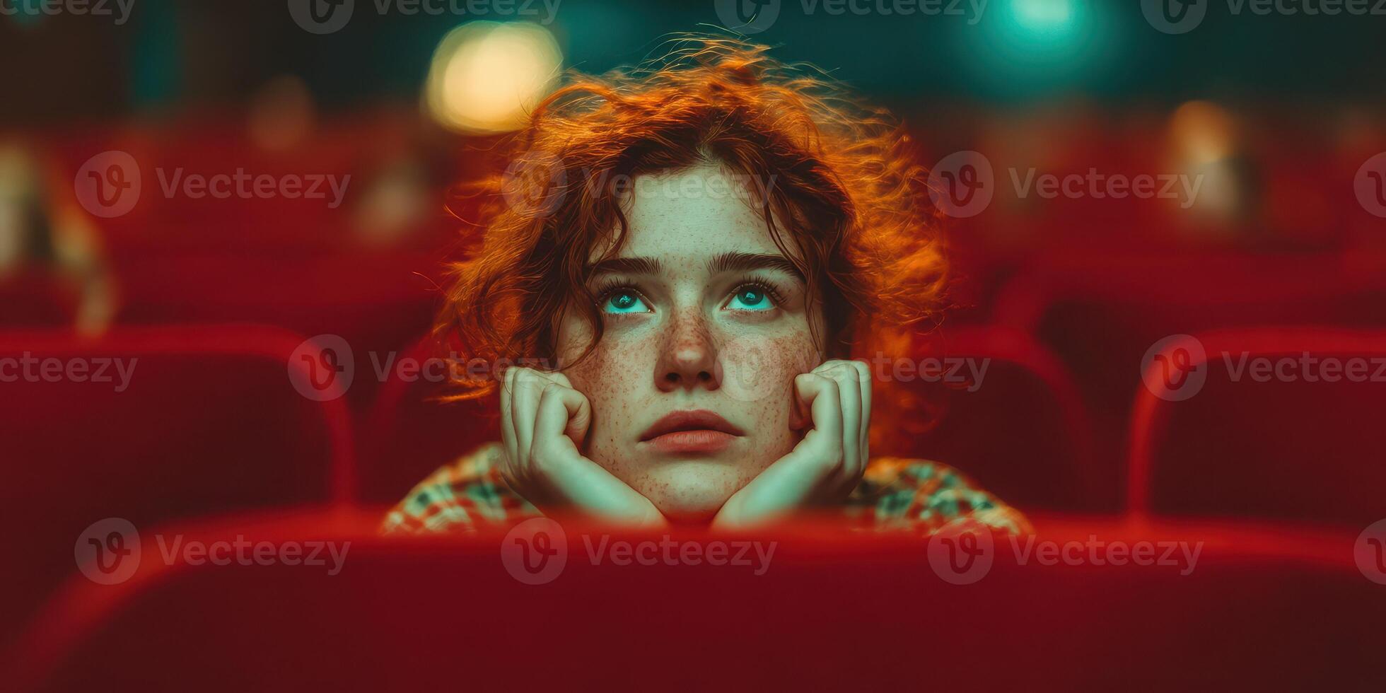 Young girl shows a contemplative expression while sitting in a theater with red seats during a film screening in the evening photo