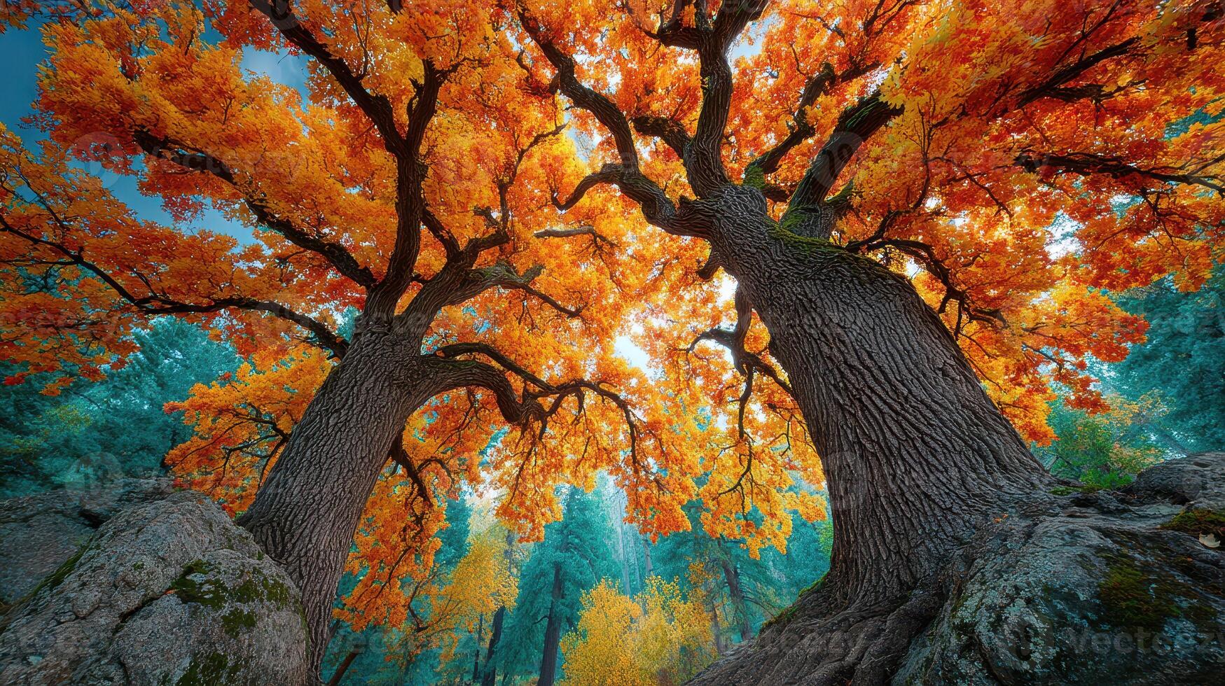 Vibrant autumn trees standing tall in a forest under bright blue skies photo