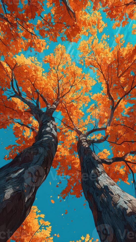 Vibrant autumn leaves create a breathtaking canopy against a clear blue sky in a tranquil forest setting photo
