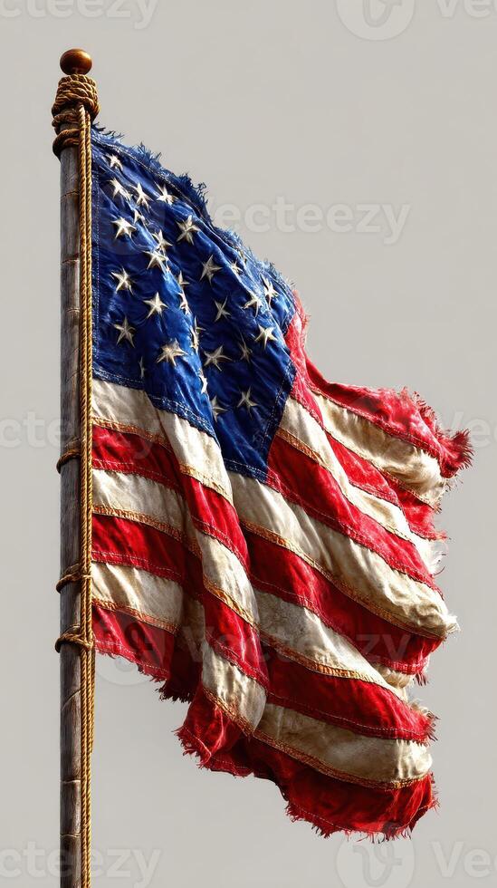Worn American flag dancing in the wind under a clear sky at midday in a quiet setting photo