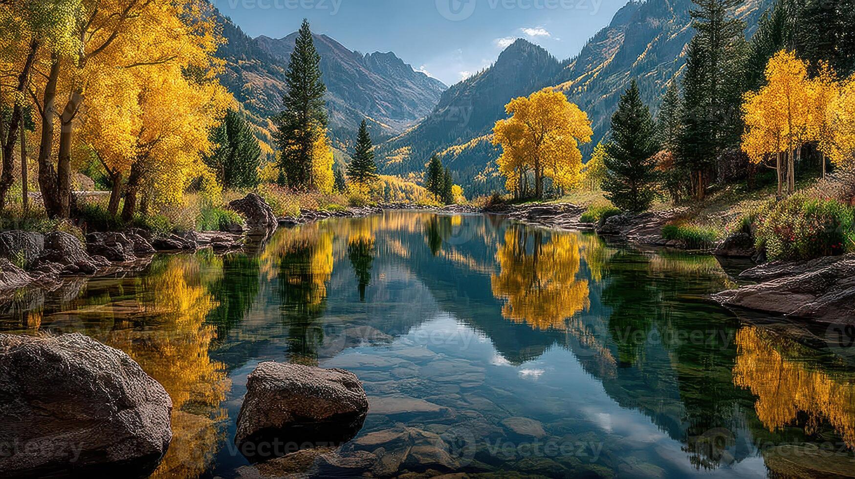 Vibrant autumn landscape with golden trees reflected in a serene mountain lake during midday photo
