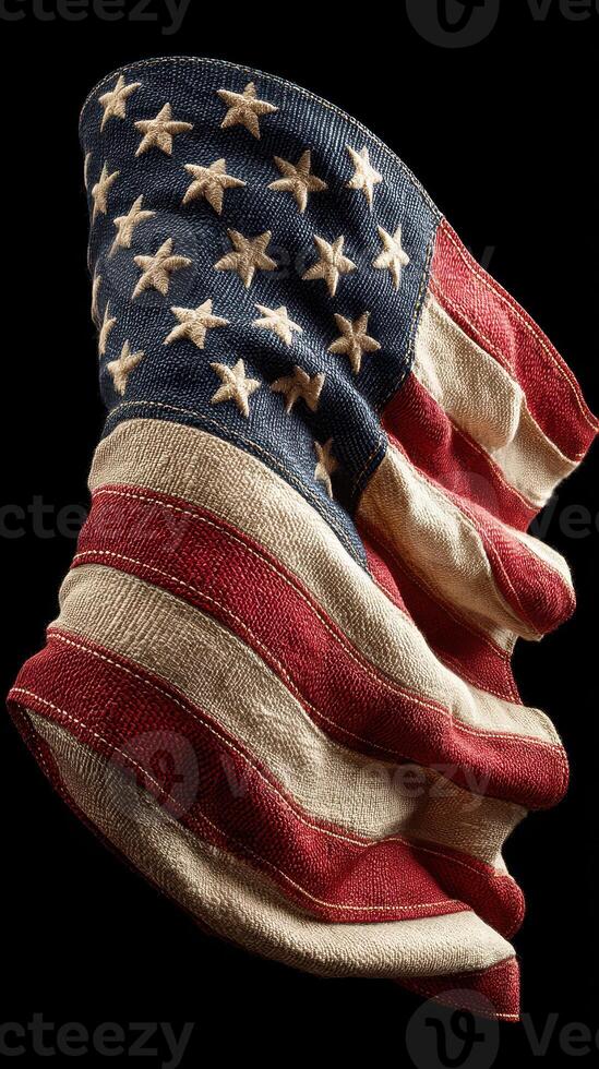 American flag waving proudly in a dramatic and artistic display against a dark background photo