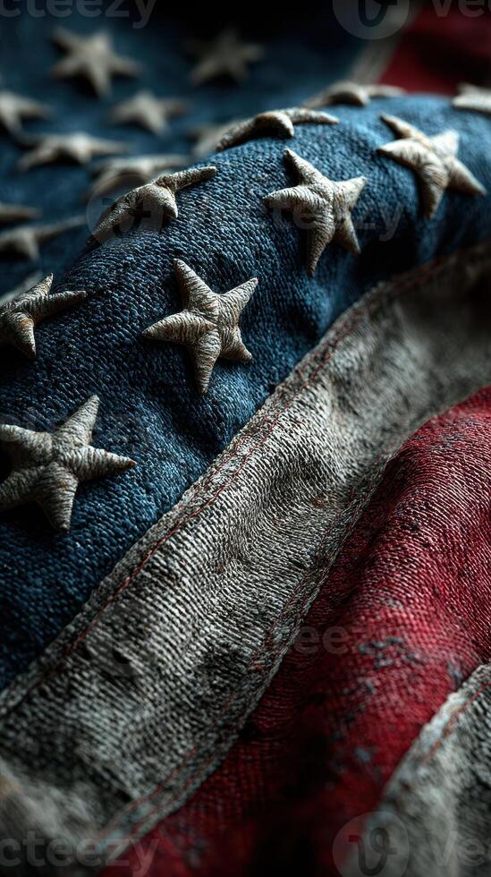 Worn American flag with detailed stars and stripes displayed in close-up, showcasing its history and craftsmanship photo
