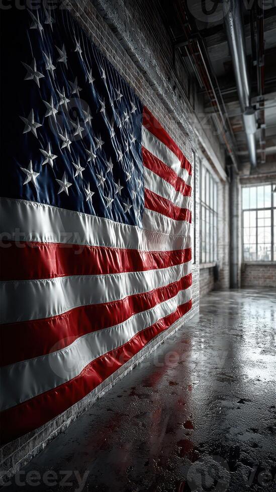 Large American flag displayed on a wall in an industrial style room with polished concrete floor and large windows letting in natural light photo