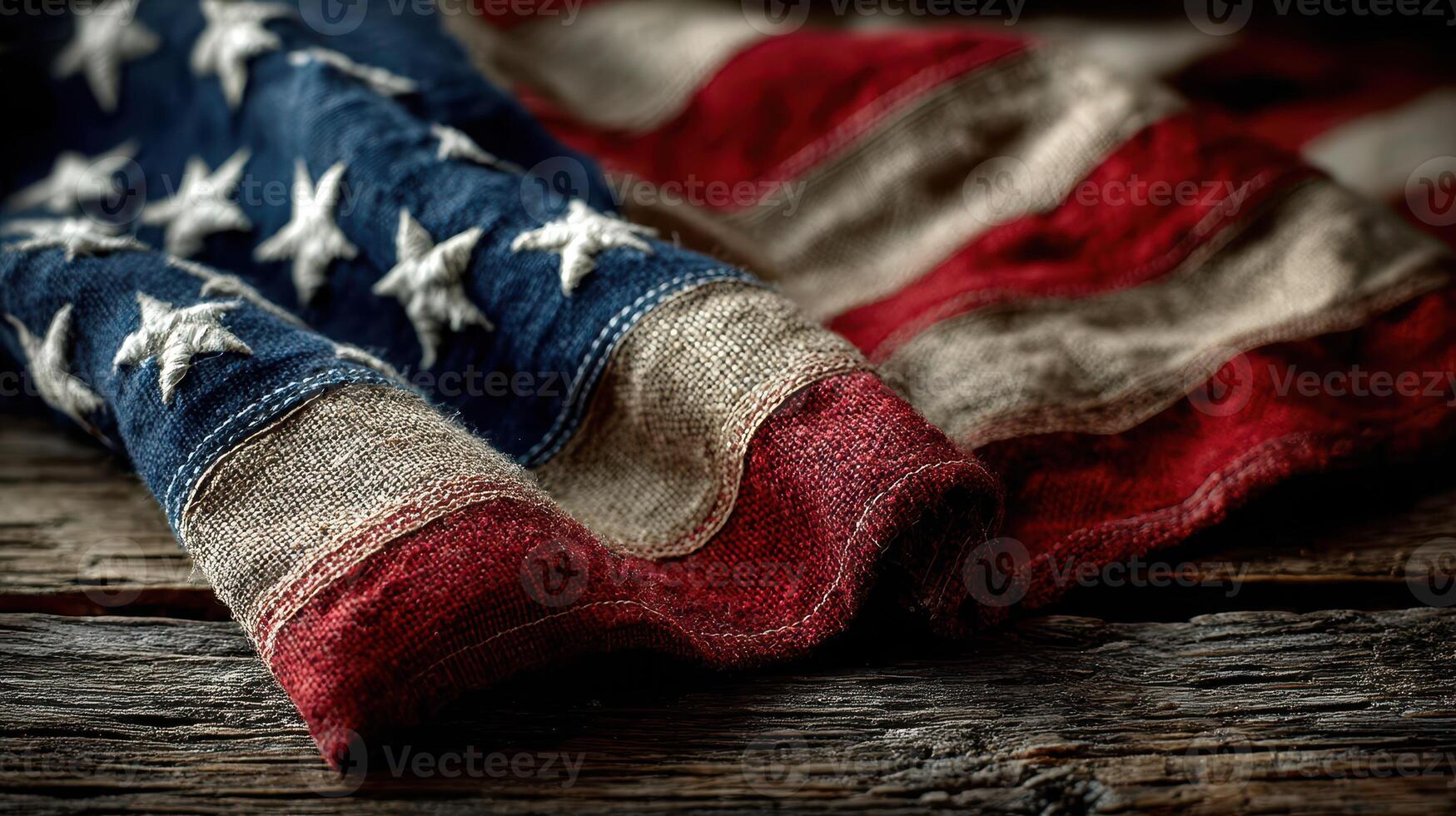 Vintage American flag draped over rustic wooden surface in warm light showcasing its faded colors photo