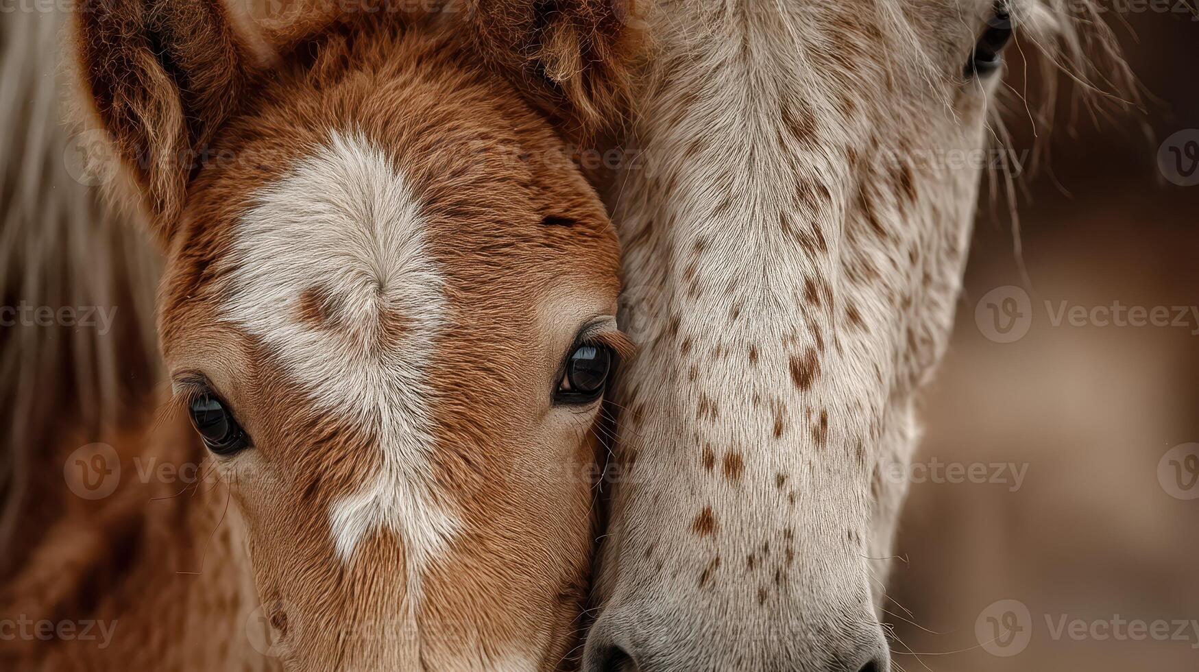 Close bond between a foal and its mother highlights the beauty of nature in a serene farm setting photo