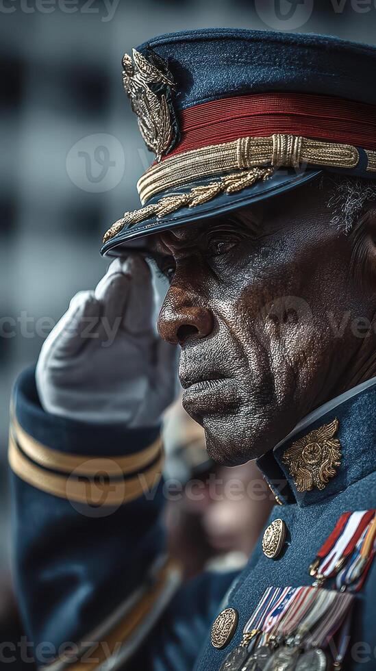 Honor and respect displayed by a military officer during a ceremonial event in a historical setting photo