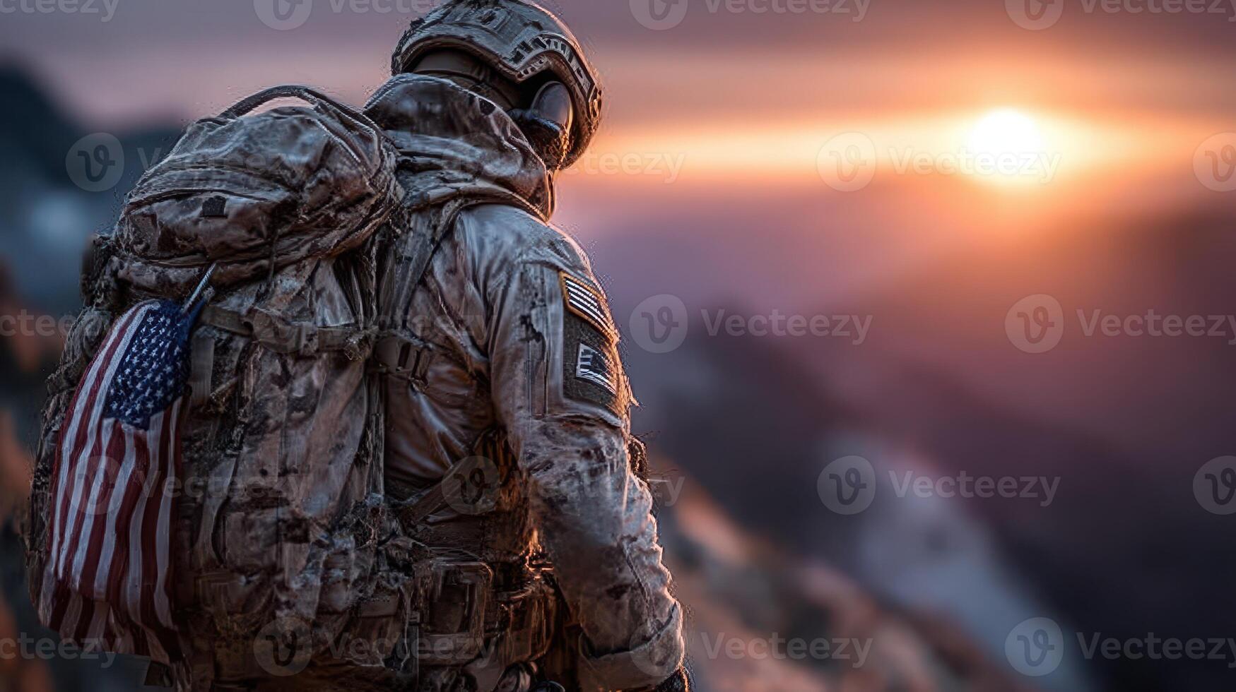 Astronaut standing on a rocky terrain gazing at the sunset over distant mountains photo