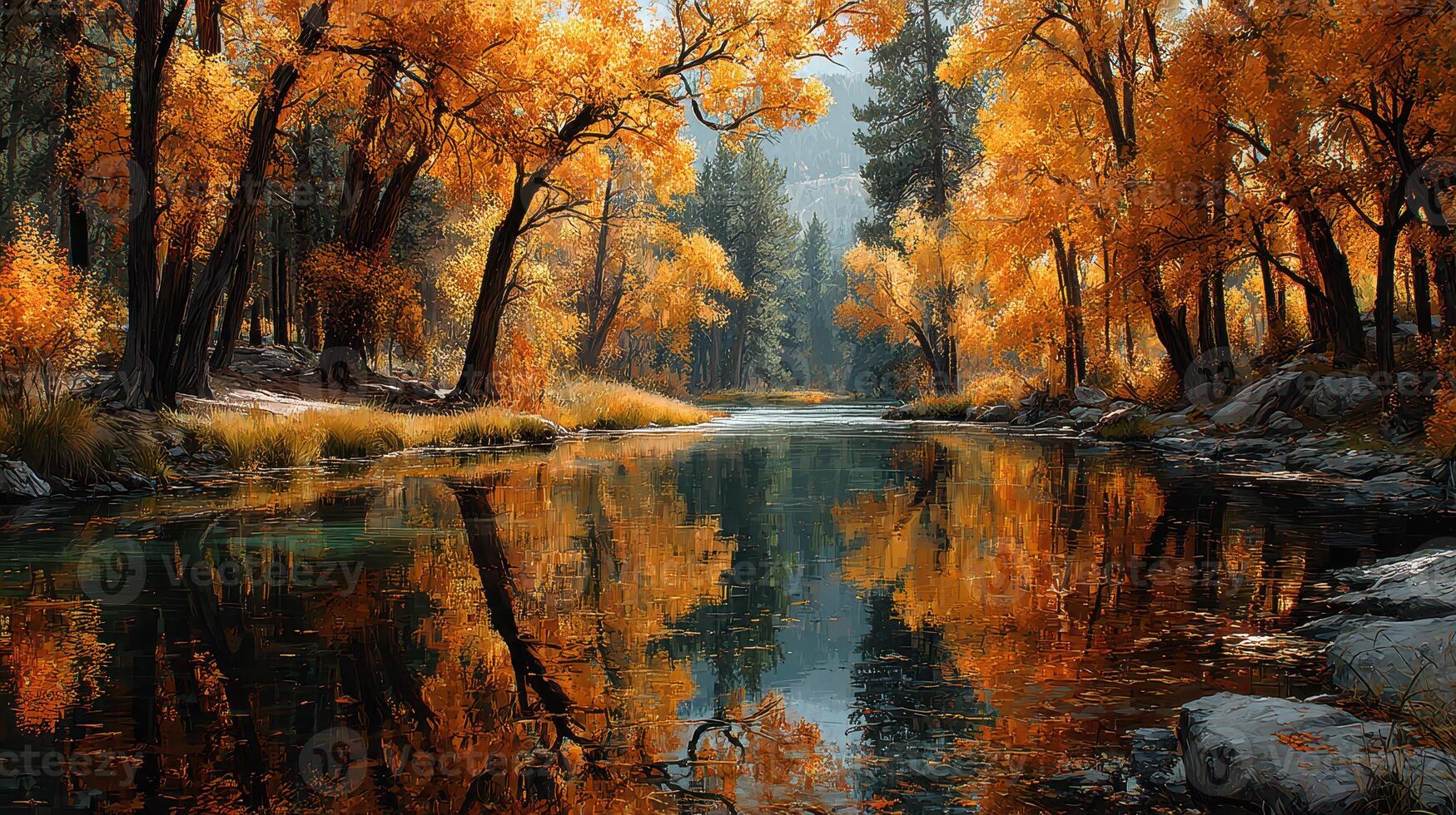 Vibrant autumn landscape showing colorful trees reflecting in a serene river during early morning photo