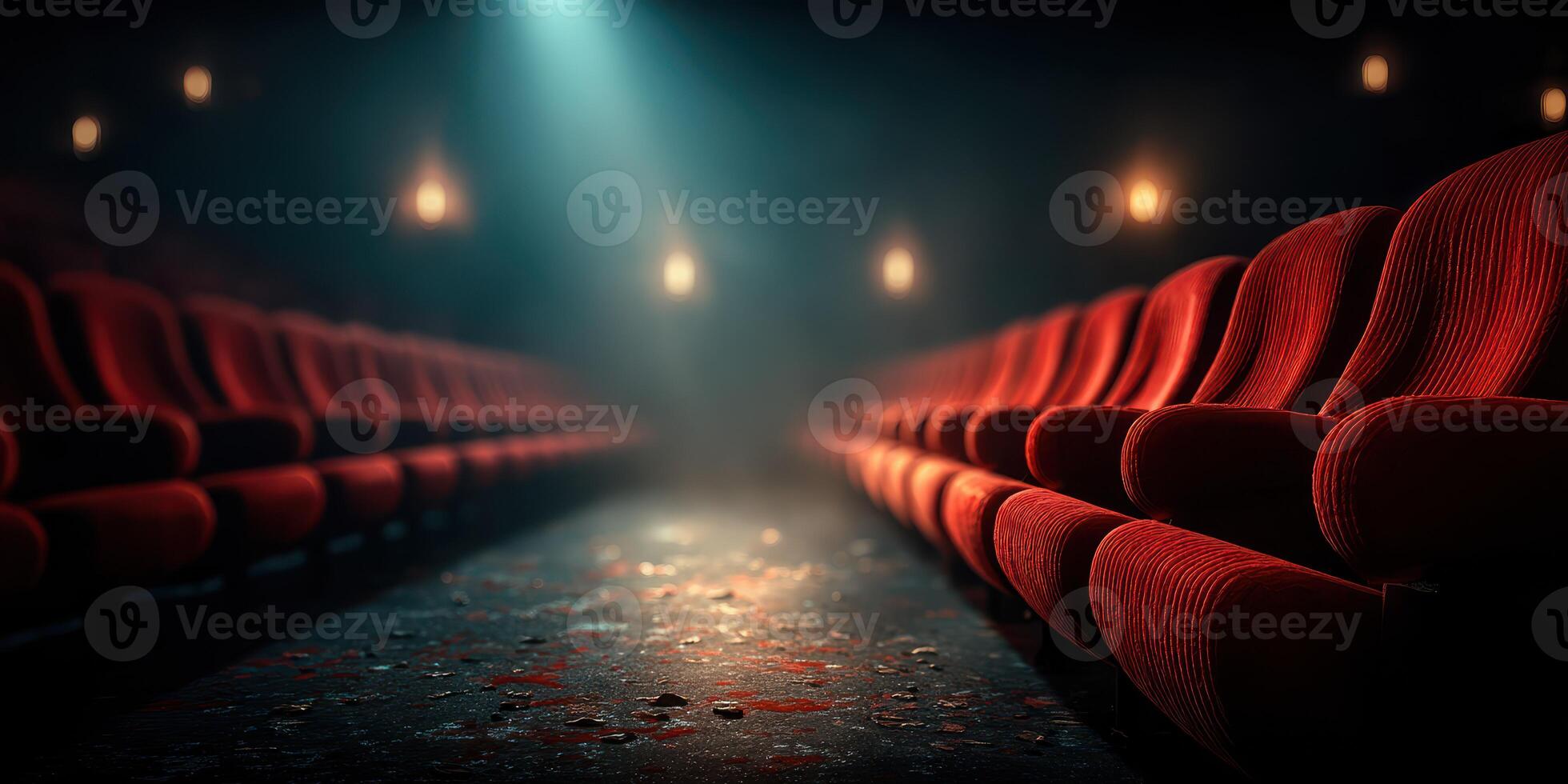 Empty theater with red velvet seats illuminated by soft lights at night creating a nostalgic atmosphere photo
