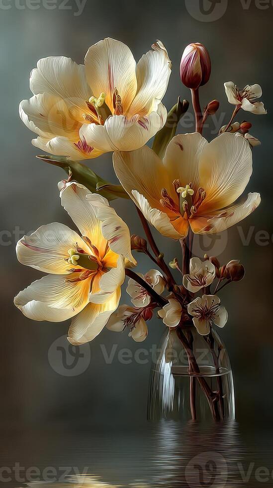 Delicate blossoms in a clear vase evoke tranquility and beauty in a serene indoor setting photo