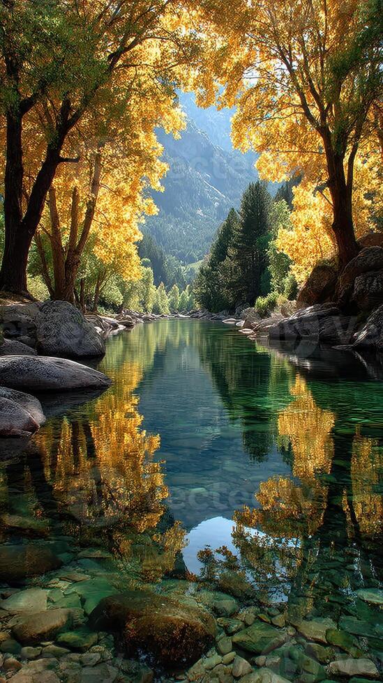 Autumn trees reflect on tranquil river surrounded by mountains in a serene nature setting photo